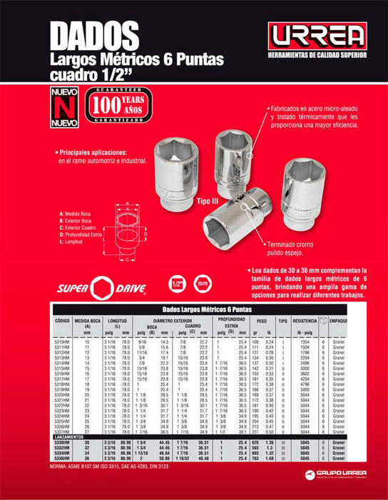 Dado largo cuadro de 1/2", 6 puntas, métrico, 15 mm Urrea
