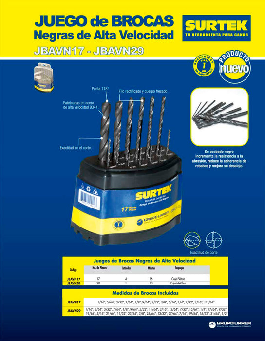 Juego de brocas negras de acero de alta velocidad zanco recto, 29 piezas Surtek