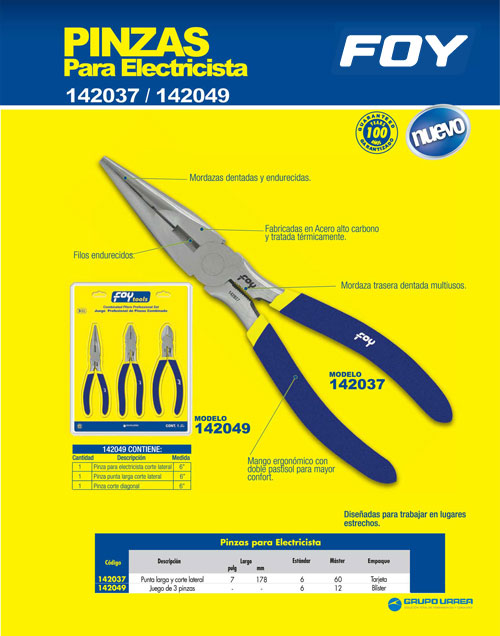 Pinza para electricista con mango con doble plastisol de 7" punta larga Foy