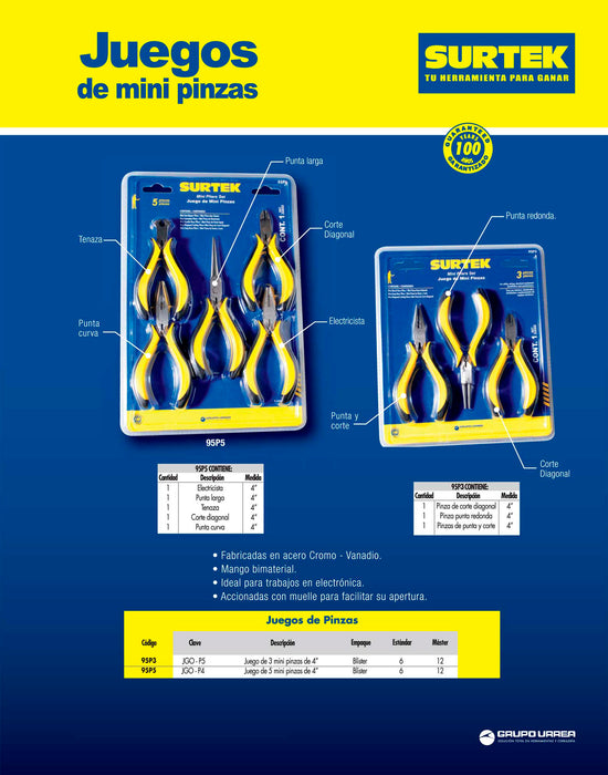 Juego de mini pinzas con mango bimaterial para electrónica, 3 piezas Surtek