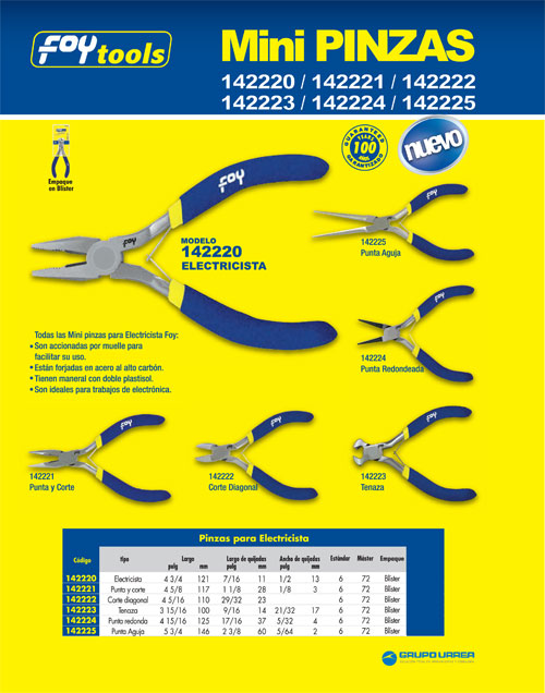 Mini pinza para electrónica con mango de vinil de 4-5/16", corte diagonal Foy