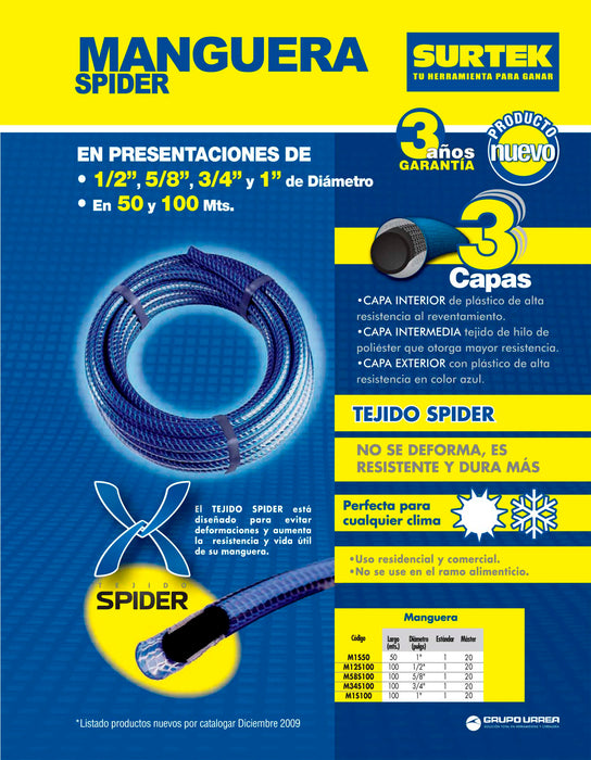 Manguera para jardín tejido spider en rollo 1/2", 100 m Surtek