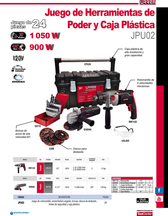 Juego de rotomartillo y esmeriladora angular con accesorios 24 piezas, con caja plástica Urrea