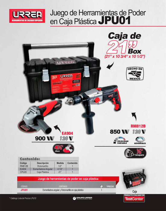 Juego de rotomartillo y esmeriladora angular con accesorios 3 piezas, con caja plástica Urrea