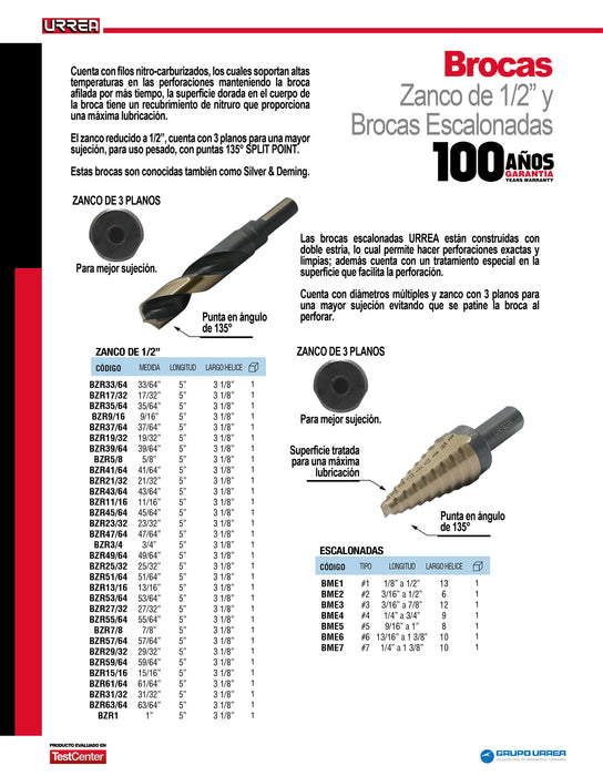 Broca premium de acero de alta velocidad 35/64" zanco reducido Urrea