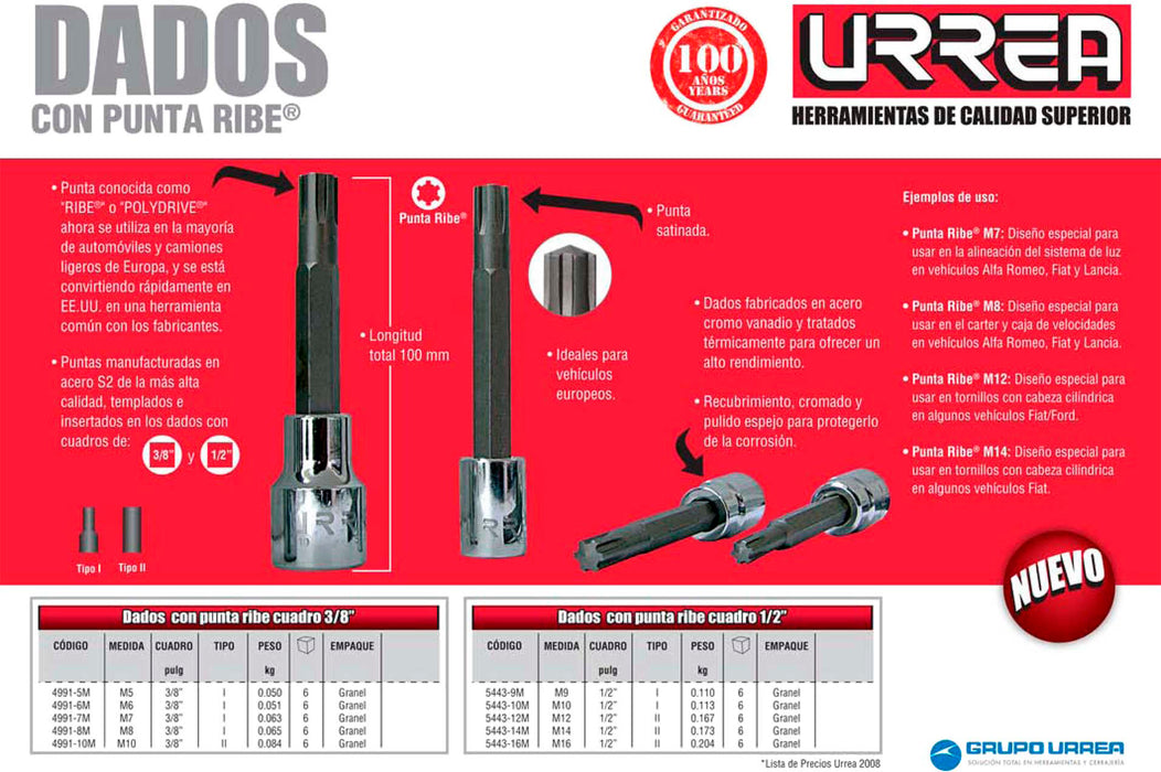 Dado con punta ribe cuadro de 3/8", M5 Urrea