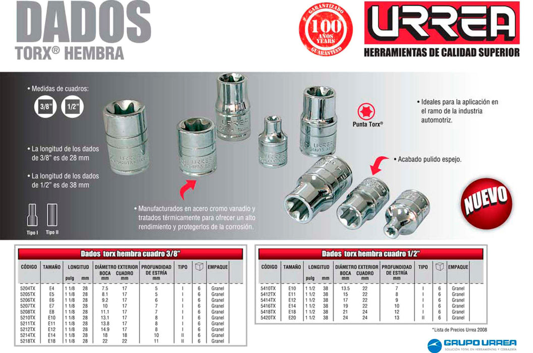 Dado torx hembra cuadro de 3/8", E4 Urrea