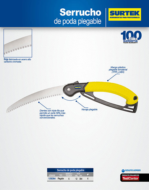 Serrucho de poda con mango plástico plegable 12" Surtek