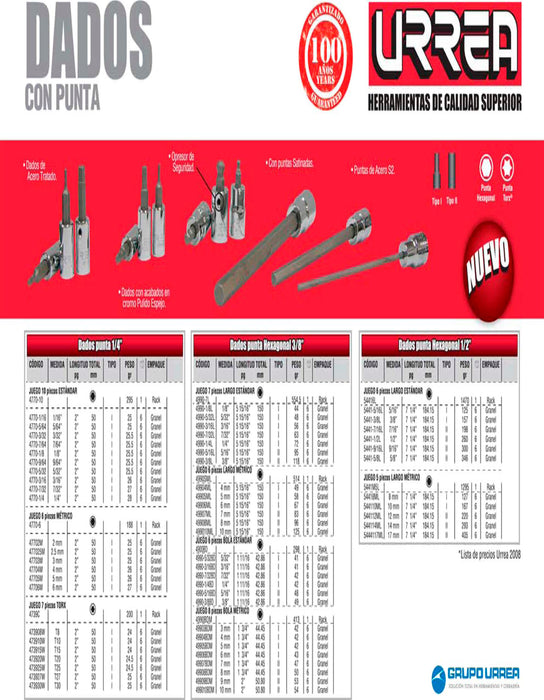 Juego de dados con punta hexagonal cuadro de 1/4", en pulgadas, 10 piezas Urrea