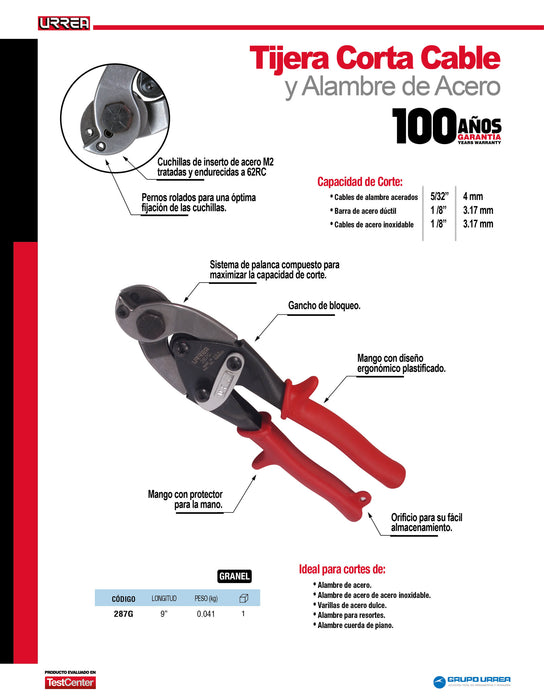 Tijera corta cable y alambre de acero con mango rubber grip, 9" Urrea