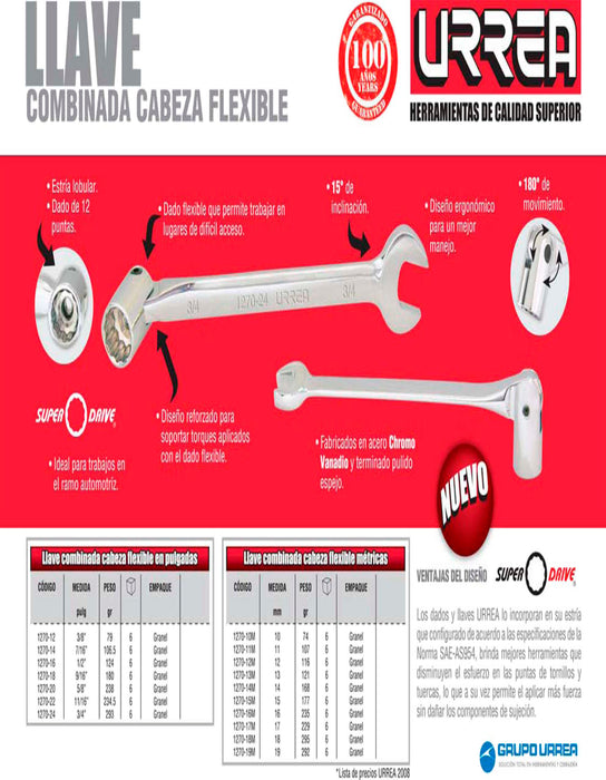 Llave combinada flexible pulido espejo en pulgadas, 12 puntas, 3/8" Urrea