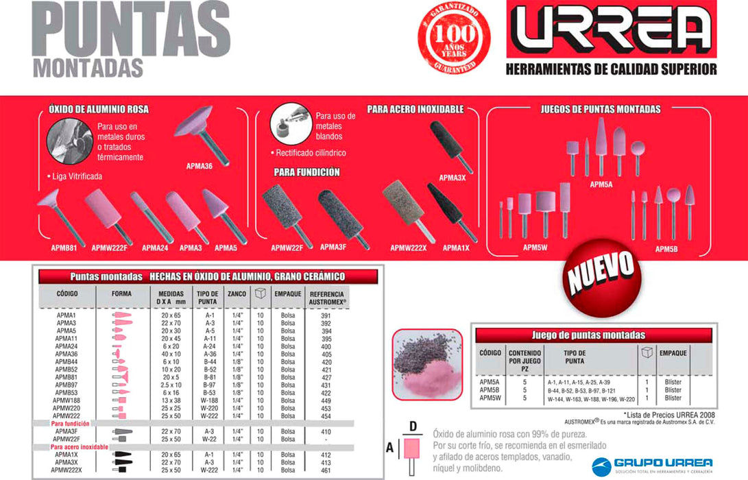 Punta montada de óxido de aluminio rosa tipo A1 Urrea