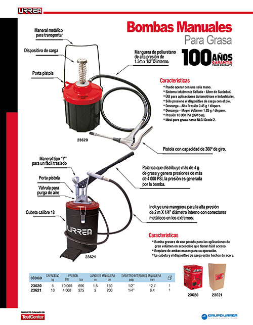 Inyector de grasa con cubeta de alta presión y alto volumen de 5 kg, 10,000 PSI Urrea