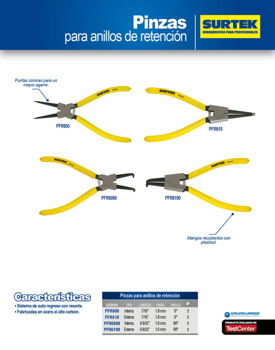 Pinza para anillos de retención fijas con mango tipo interno 1.8 mm ángulo de 0° Surtek