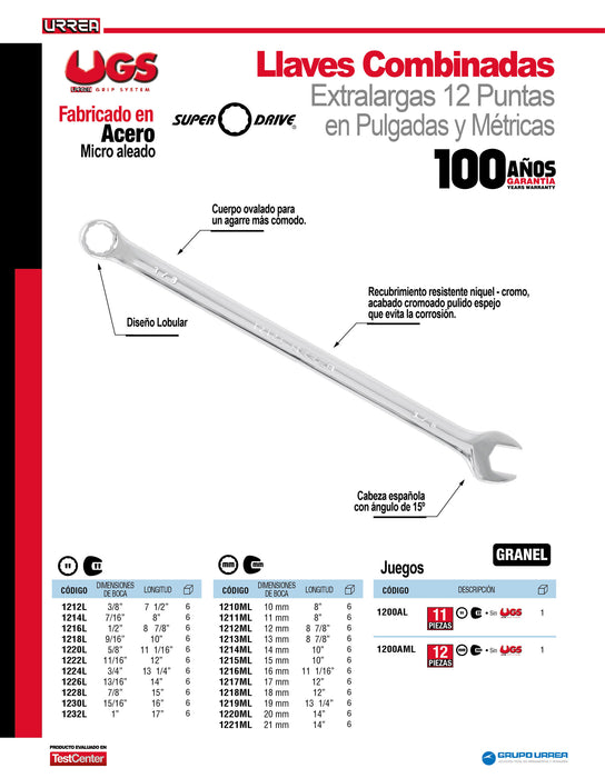 Llave combinada extra larga pulido espejo métrica, 12 puntas, 17 mm Urrea