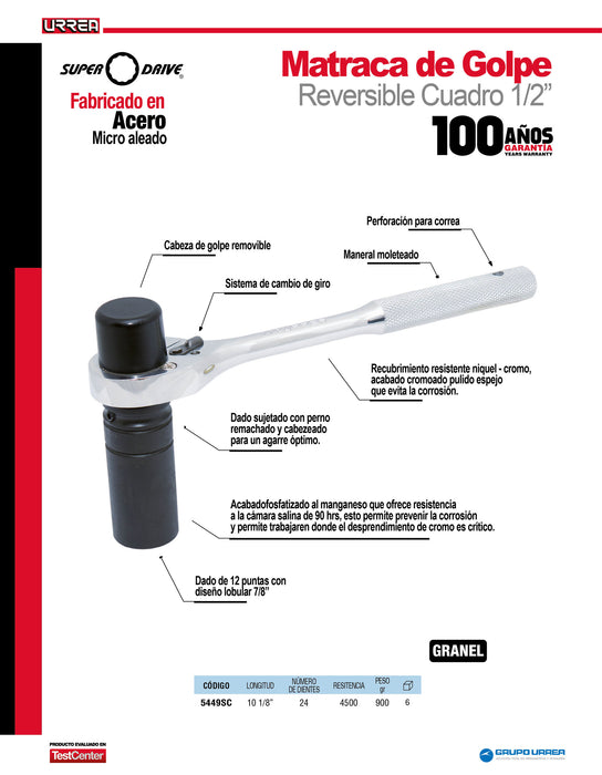 Matraca reversible con cabeza de golpe para dado de 7/8" y 1/2" Urrea