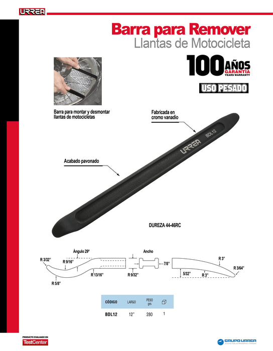 Barra para remover llantas de motocicleta 12" Urrea