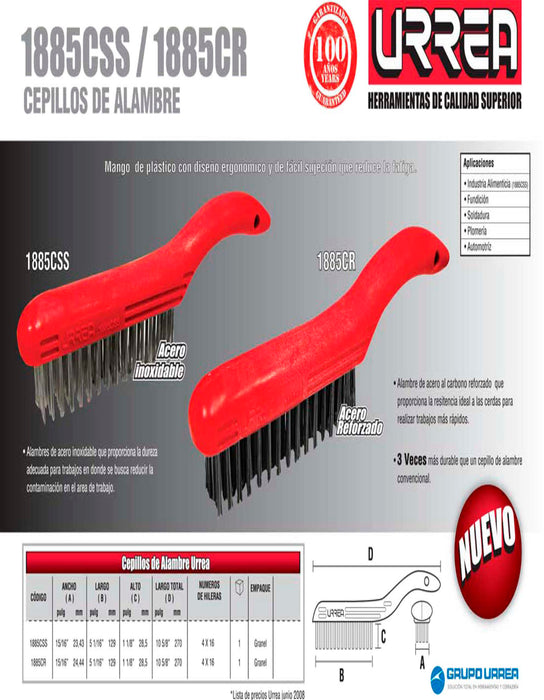 Cepillo de alambre de acero reforzado con 4x16 filas de pinceles con mango Urrea