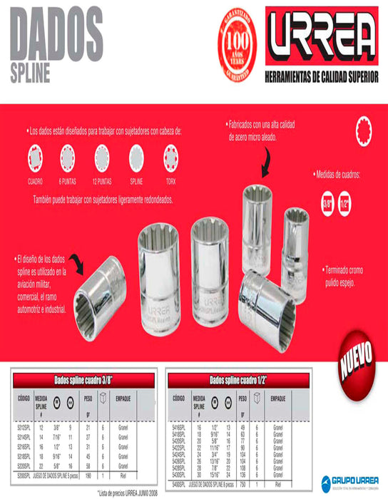 Dado Spline cuadro de 3/8", #12 Urrea
