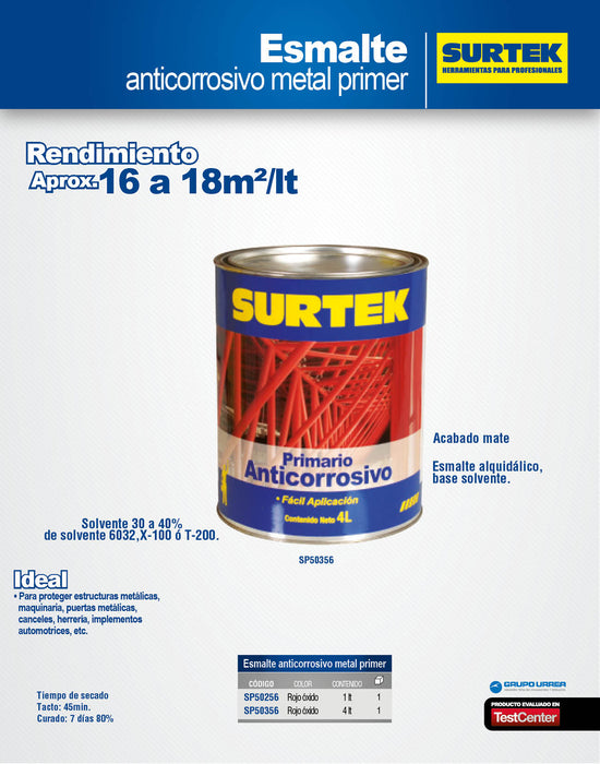 Esmalte anticorrosivo para metal 1 Lt color rojo óxido Surtek