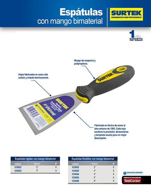Espátula rígida de acero de alto carbón con mango bimaterial 3" Surtek