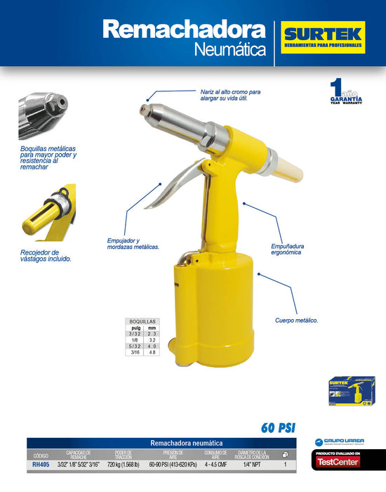 Remachadora neumática para boquillas 3/32" a 3/16" Surtek