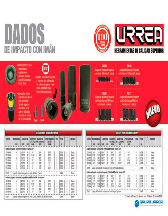 Dado de impacto con imán cuadro de 3/8", 6 puntas, métrico, 10 mm Urrea