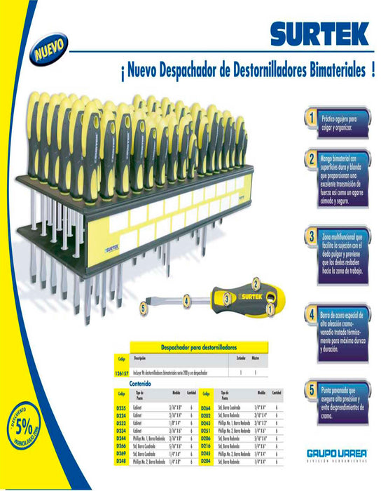Destornillador con mango bimaterial, punta cabinet barra redonda 3/16" x 8" Surtek