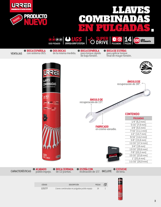 Juego de llaves combinadas pulido espejo en pulgadas, 12 puntas, 14 pz en tubo full color Urrea