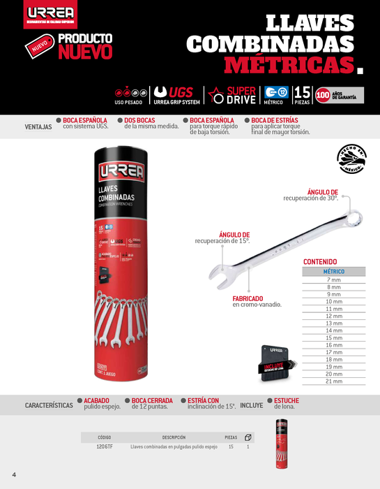 Juego de llaves combinadas pulido espejo métricas, 12 puntas, 15 piezas en tubo full color Urrea
