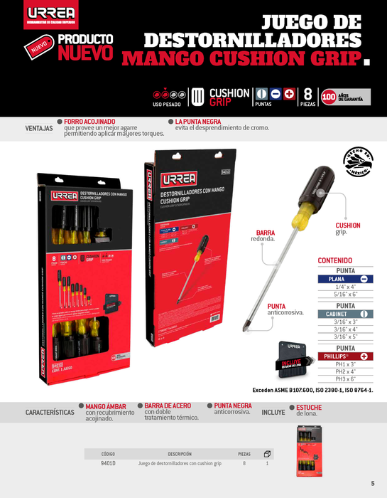 Juego de destornilladores con mango cushion grip, combinados, 8 piezas en caja de cartón Urrea