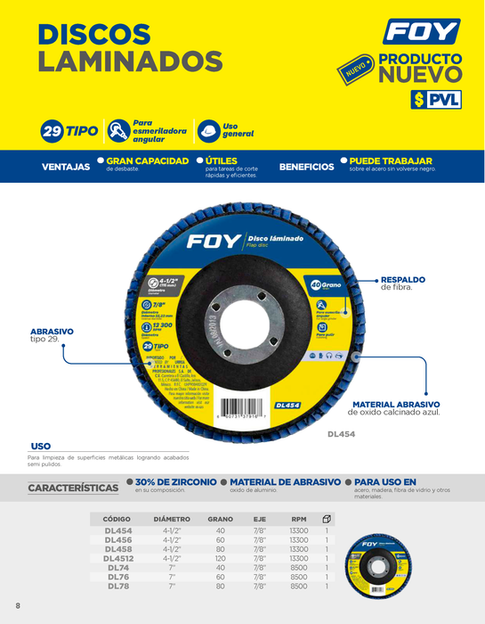 Disco laminado tipo 29 grano 60, 4-1/2" Foy