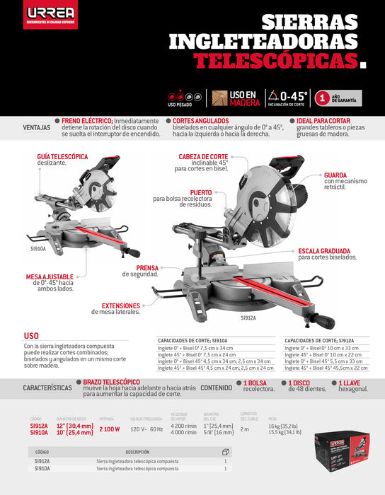 Sierra de inglete telescópica 10" 2100 W Urrea