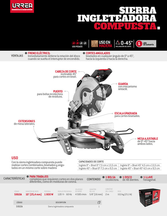 Sierra de inglete compuesta 10" 1800 W Urrea