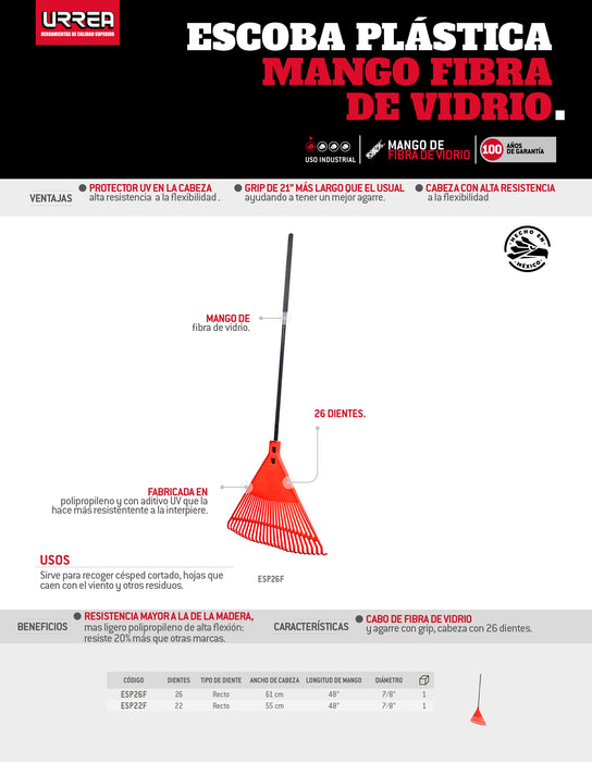 Escoba plástica de 26 dientes con mango fibra de vidrio Urrea