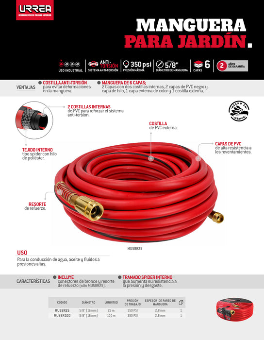 Manguera para jardín de 6 capas reforzada con conector metálico robusto 5/8", 100 m Urrea