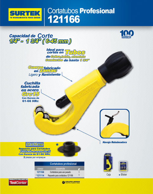 Cortatubos cuerpo de zamac de 3/4" a 1-3/4" Surtek