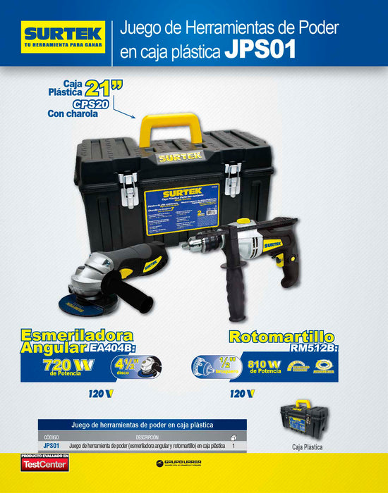 Juego combinado de herramienta con rotomartillo y esmeriladora 3 piezas, caja plástica Surtek