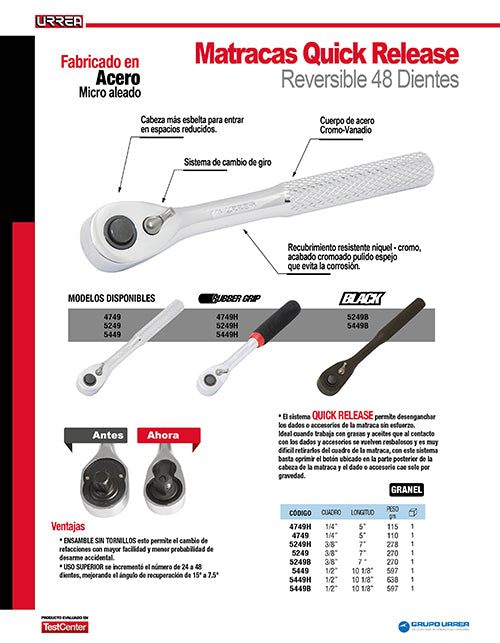 Matraca reversible cromada, quick release, para dado cuadro de 3/8" Urrea