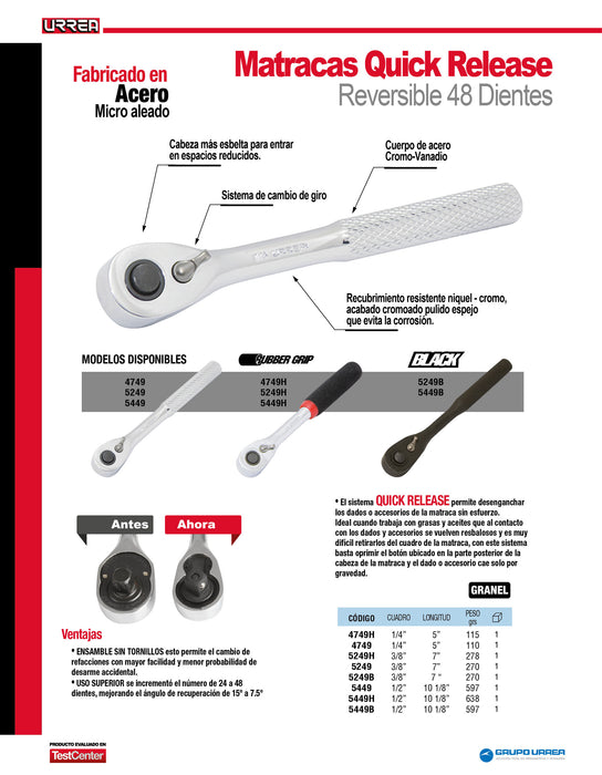Matraca reversible fosfatizada, quick release, para dado cuadro de 3/8" Urrea