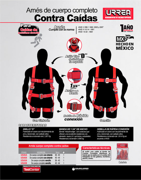 Arnés de seguridad contra caídas con cinturón, talla 36-40 Urrea