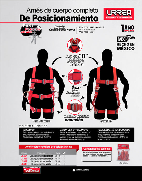 Arnés de seguridad de posicionamiento con cinturón, talla 36-40 Urrea
