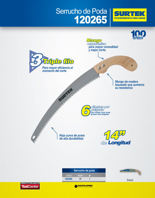 Serrucho de poda con mango de madera curvo 14" Surtek