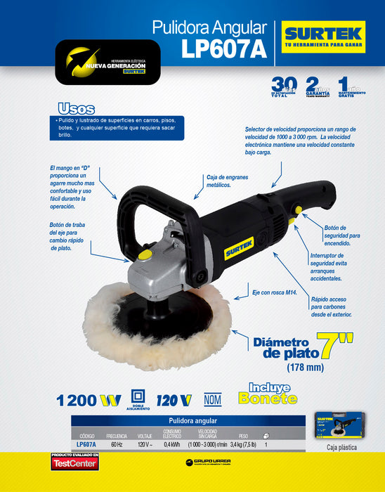 Pulidora angular 7" 1200 W 120 V, 600 - 3000 RPM Surtek