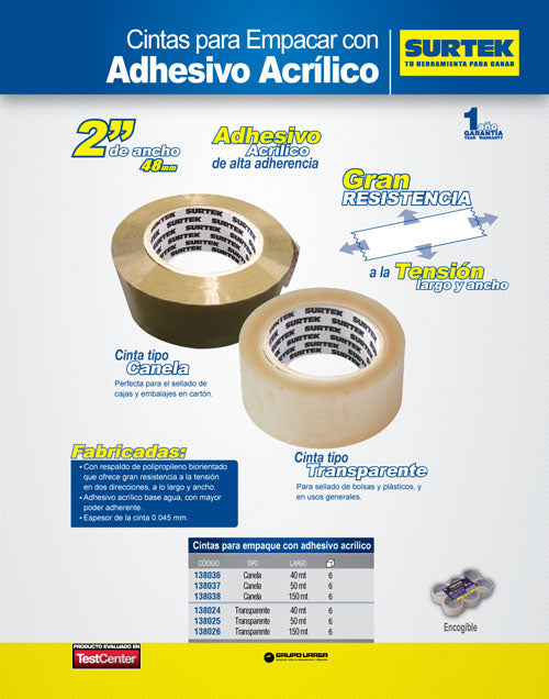 Cinta transparente de acrílico para empacar 48mm x 40 m Surtek