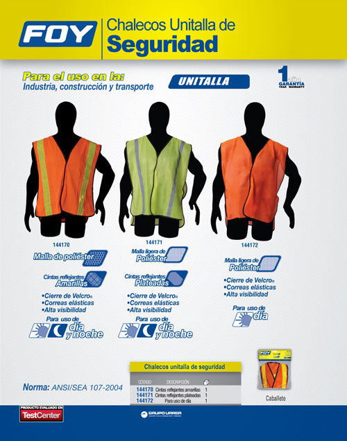 Chaleco de seguridad de malla de poliéster de alta visibilidad amarillo unitalla Foy