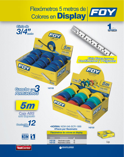 Flexómetros con carcasa de plástico azul en display 5 m x 3/4" Foy