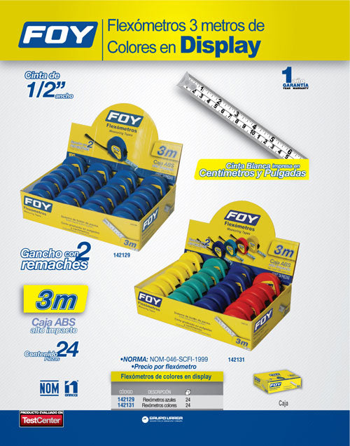 Flexómetros con carcasa de plástico azul en display 3 m x 1 Foy