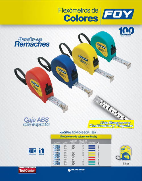 Flexómetro con carcasa de plástico azul 8 m x 1" Foy