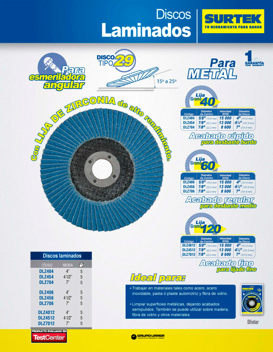 Disco laminado tipo 29 grano 40, 4-1/2" Surtek